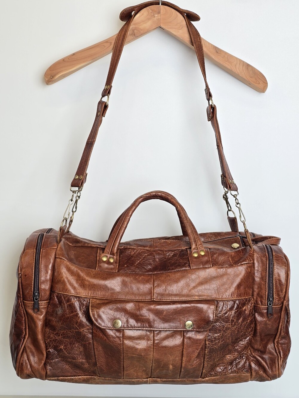 Vintage Made in Mexico Patchwork Distressed Finish Leather Duffle Weekender Bag